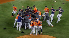 The Houston Astros celebrate defeating the Los Angeles Dodgers 5-1 in Game 7 to win the 2017 World Series at Dodger Stadium on Nov. 1, 2017 in Los Angeles. (Tim Bradbury/Getty Images)