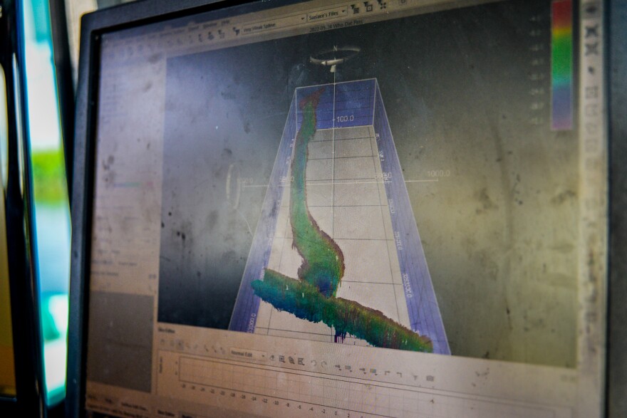 Preliminary survey data forms a map of the bottom of a new channel growing and carving a thick path through Plaquemines Parish's east bank.