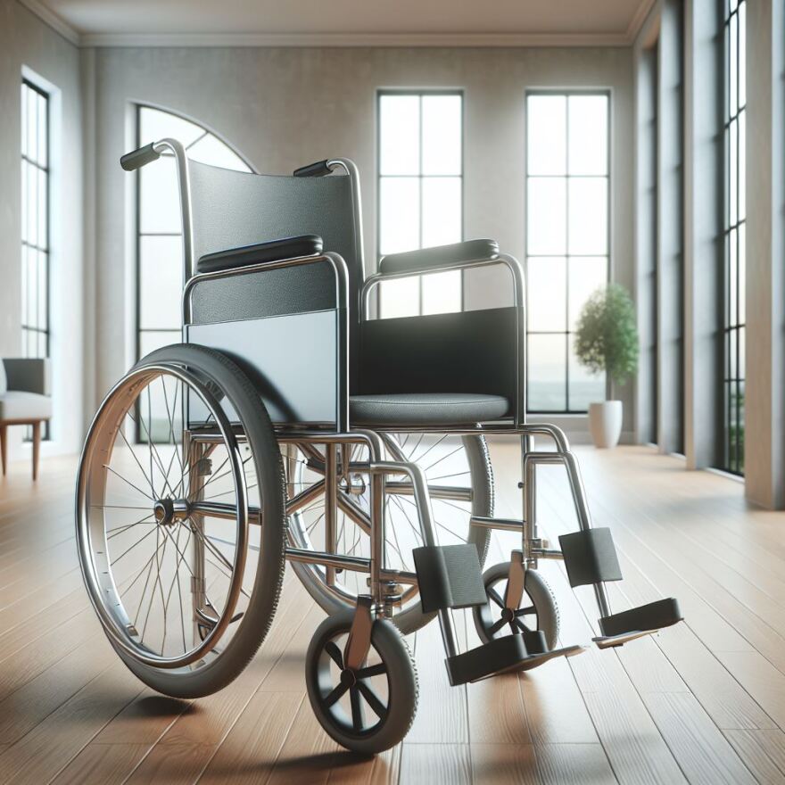 An empty wheelchair in an empty room