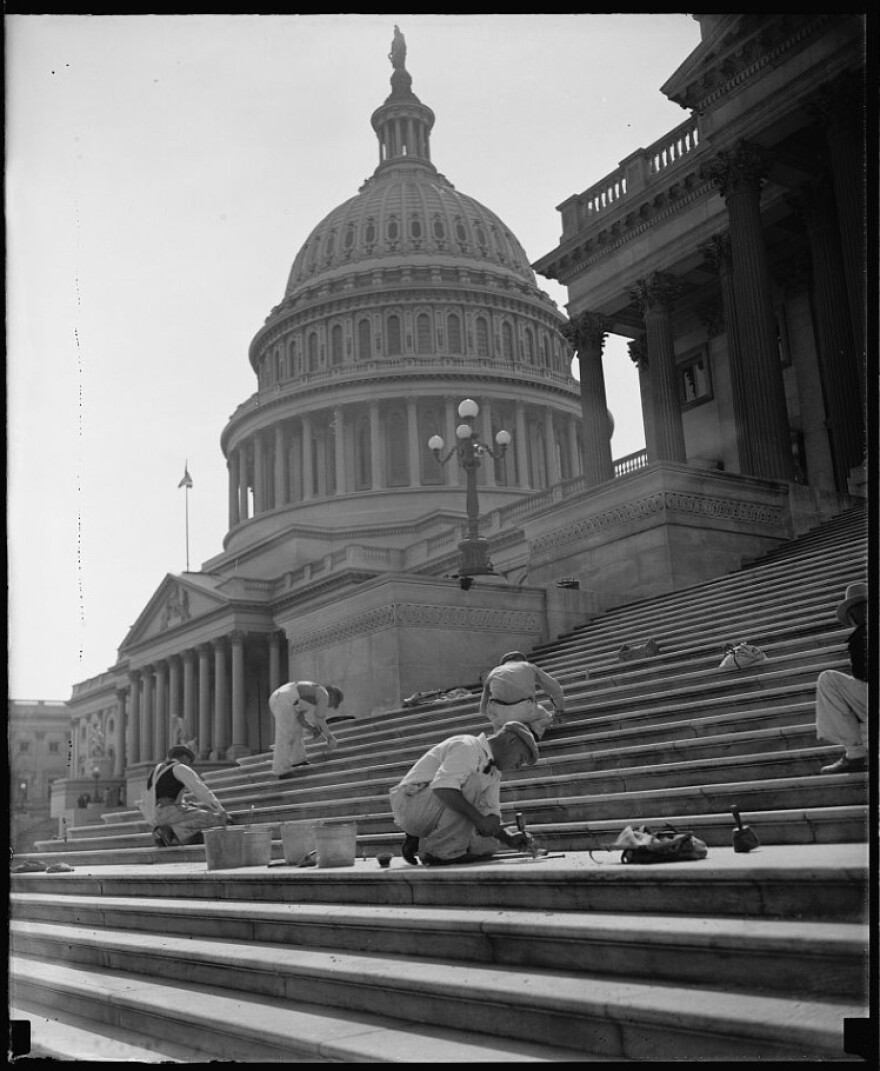 "Won't be long now! Washington, D.C., Sept. 22. Although Congress will not convene until next January, workmen are already putting the Capitol in tip-top shape. Workmen are pictured repairing the steps on the Senate side of the building, 9/22/38"