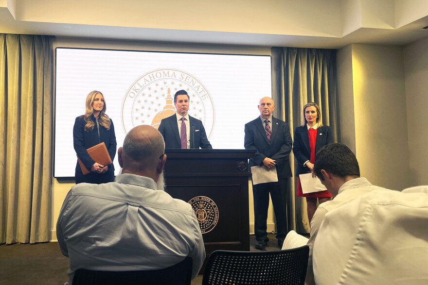 From left to right, Republican Senators Ally Seifried, Adam Pugh, Dewayne Pemberton and Kristen Thompson stand ready to talk about their education priorities for the 2024 legislative session, Jan. 31, 2024, in a press room at the Oklahoma State Capitol. All four senators are members of the Senate Education Committee.