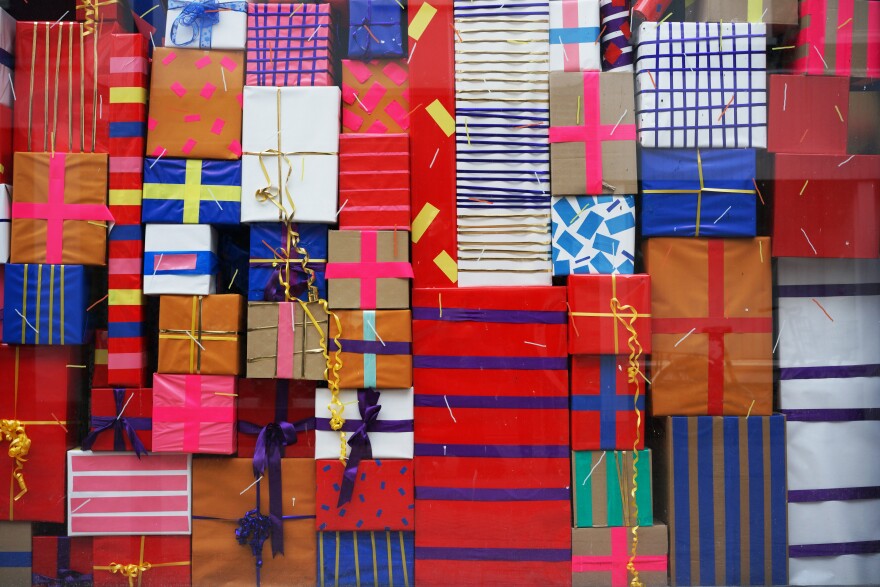 Huge wall of wrapped presents