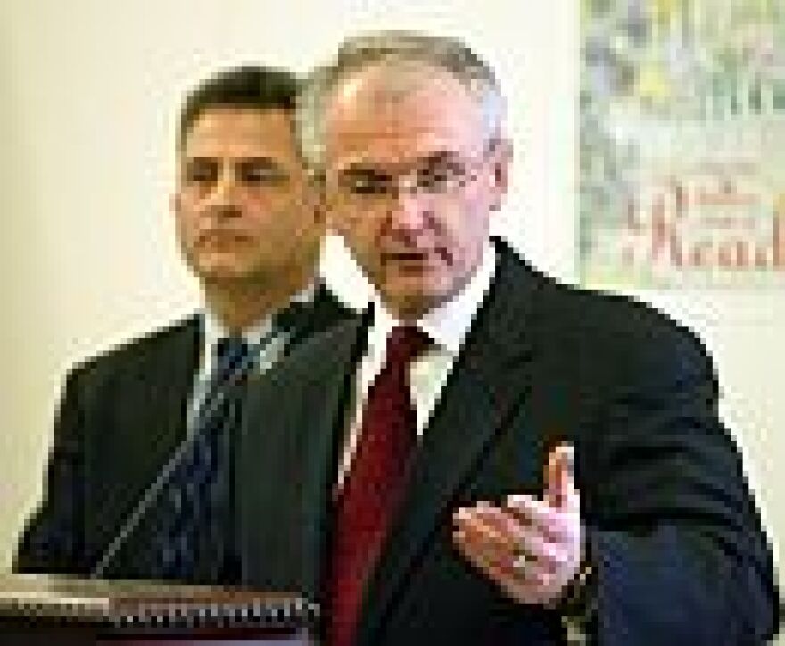 Holden (right) and Lt. Gov. Joe Maxwell made their proposal Thursday in O'Fallon. (UPI photo)