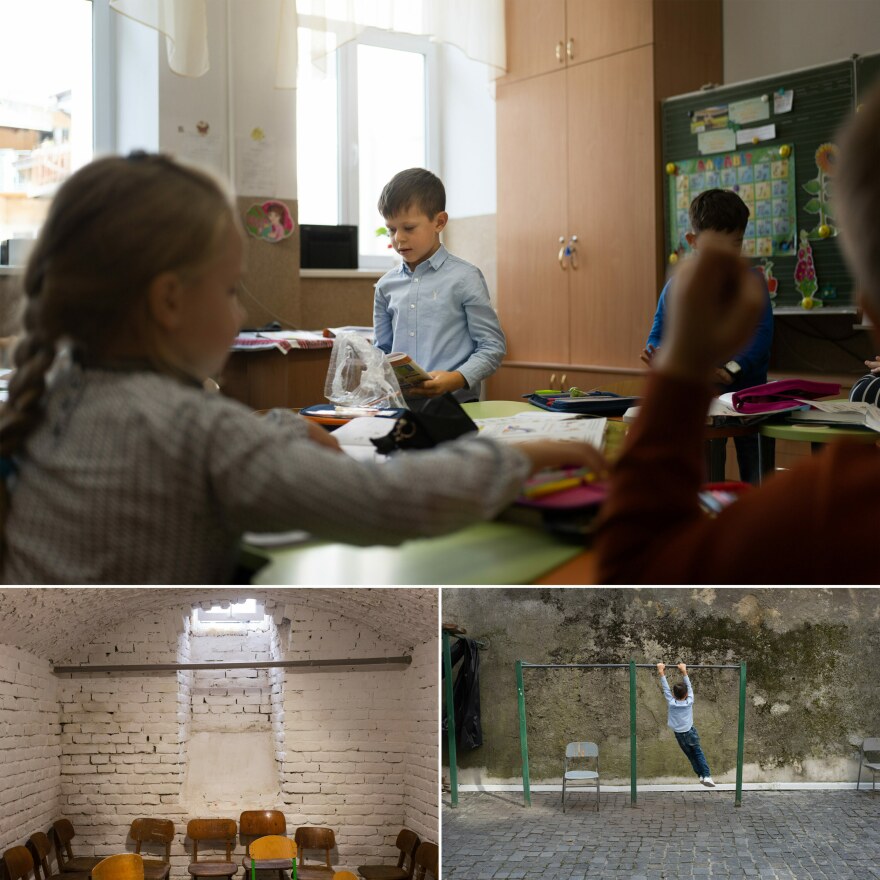 Bohdan's new school in Lviv is taught in person. There's a shelter in the basement in case of air raid sirens or missile attacks. "I'm the smartest person in my class," Bohdan boasts.