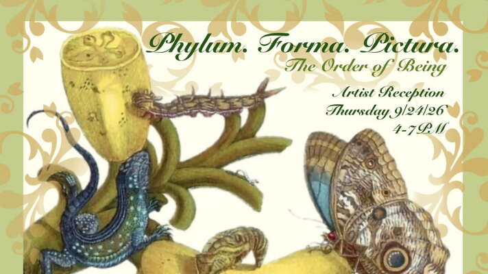 Poster for exhibit at Lizzard's Art Gallery; sepia tone image of bugs and plants