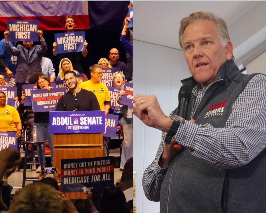 Democratic US Senate nominee Abdul El-Sayed (left) speaks at a rally at Miller Auditorium in Kalamazoo, Michigan on Thursday, October 29. Republican US Senate nominee Mike Rogers (right) speaks at a campaign event at the Berrien County GOP offices in St. Joseph, Michigan on Thursday, October 29.