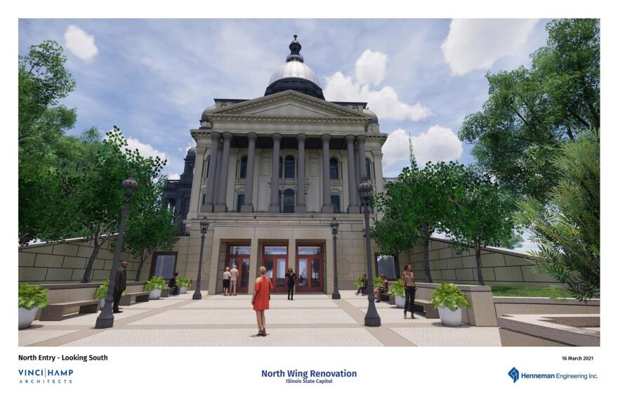  This artist's rendering shows what a renovated north entrance to the Illinois Capitol will look like. The new entry, part of $224 million of scheduled renovations, will provide more access and security, according to the Office of the Architect of the Capitol.
