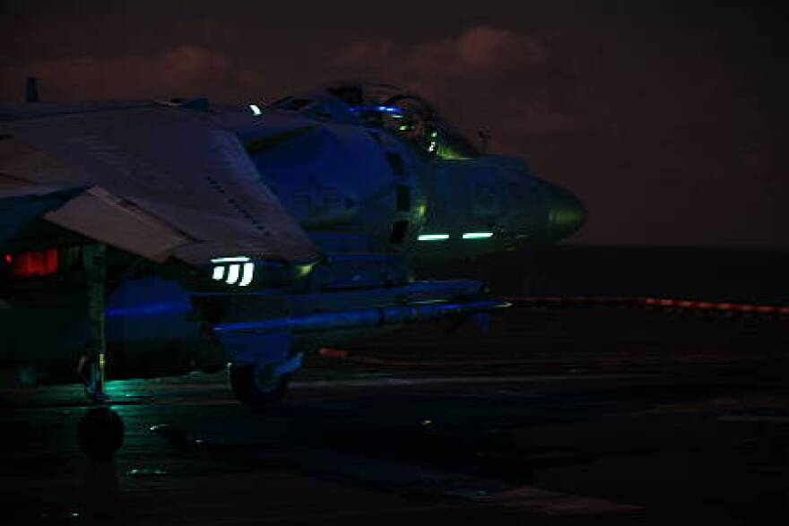 Harrier at night aboard USS Kearsarge