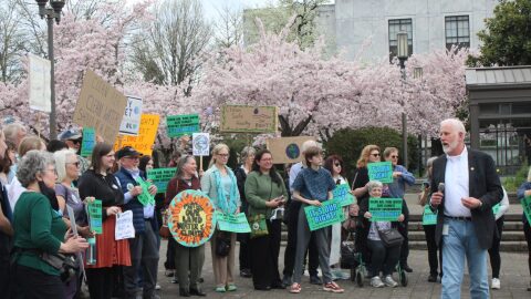 State Rep. Mark Gamba, D-Milwuakie (right), joins activists from the Oregon Coalition for an Environmental Rights Amendment at a rally in Salem March 26, 2025, after a public hearing on Senate Joint Resolution 28, which would have enshrined the right to a healthy environment in the Oregon Constitution.