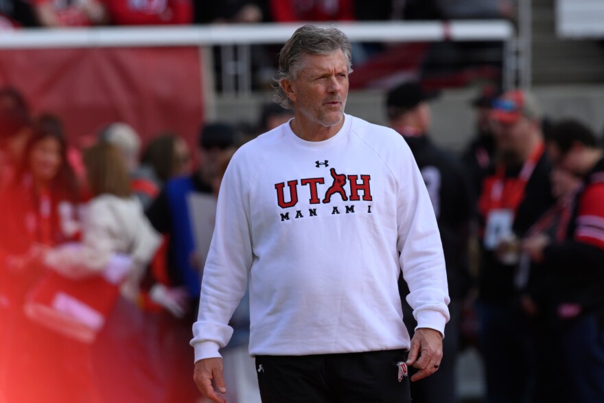 Utah head coach Kyle Whittingham before an NCAA college football game between Utah and Kansas State, Saturday, Nov. 22, 2025, in Salt Lake City.