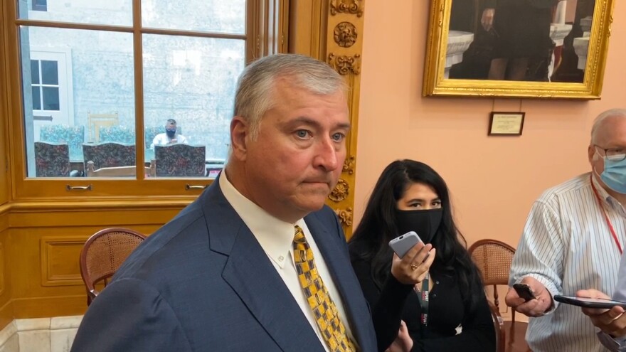 Rep. Larry Householder (R-Glenford) speaks to reporters before session on September 1. It was the first time he was back in the House since being stripped of his speakership in July.