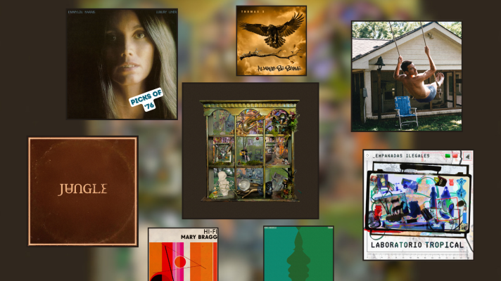 Artwork for four new albums, three new singles and one album from 1976, displayed in black square frames over a blurry green an brown background.