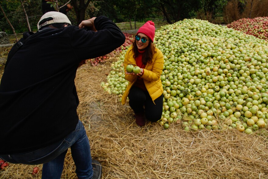 Thai tourists pose in piles of picked apples in an orchard in the village of Murtazabad. For some, visiting the area was on their "bucket list."