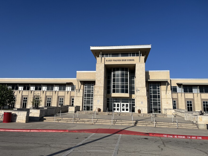 The front entrance to Karen Wagner High School at Judson ISD.