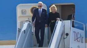 President Joe Biden (left) and First Lady Jill Biden deplane at the Buffalo Niagara International Airport Tuesday morning.