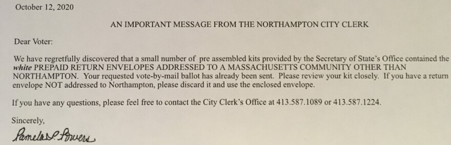 A letter send by the city clerk in Northampton, Massachusetts, to voters who may have received a vote-by-mail return envelope addressed to the wrong town.