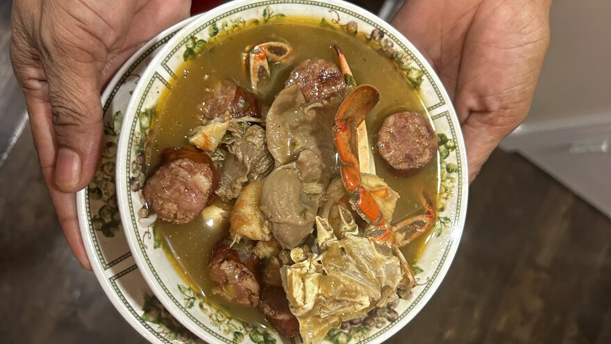 Gumbo is served by Bunny Young from her home kitchen in New Orleans on Dec. 8, 2023.