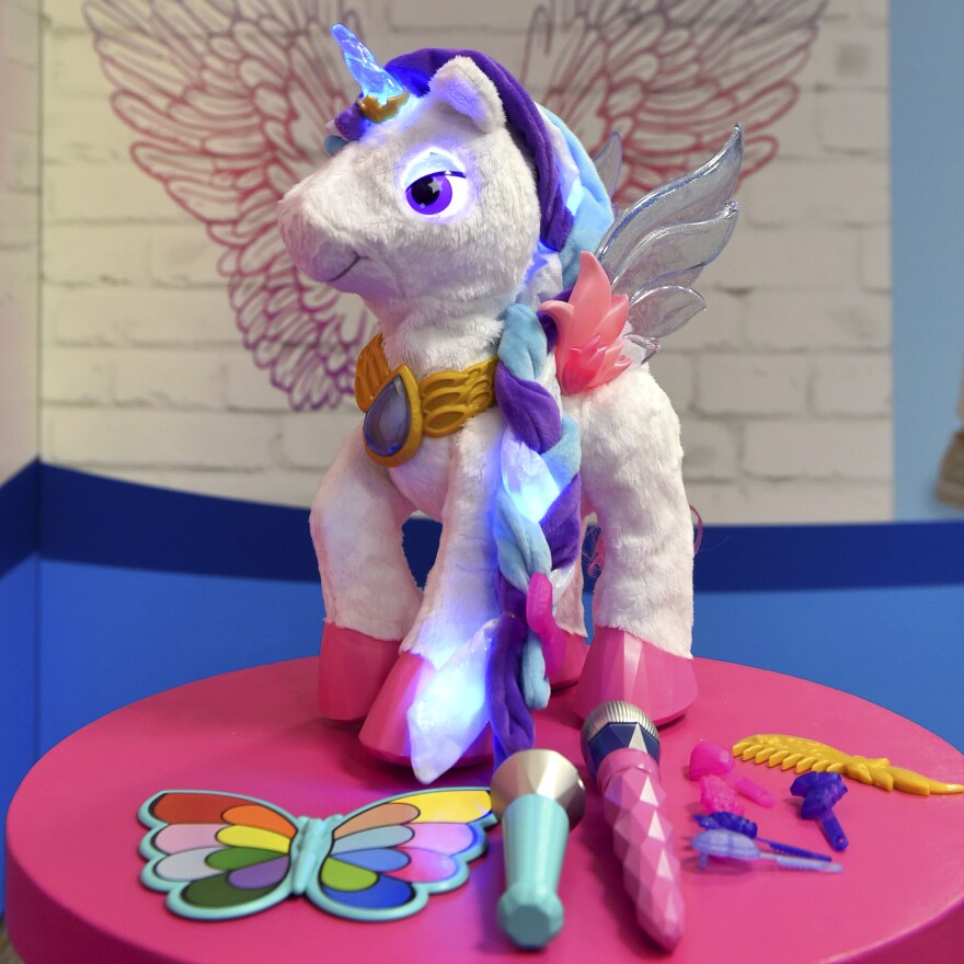 A unicorn and her accessories at the North American International Toy Fair in New York in February.