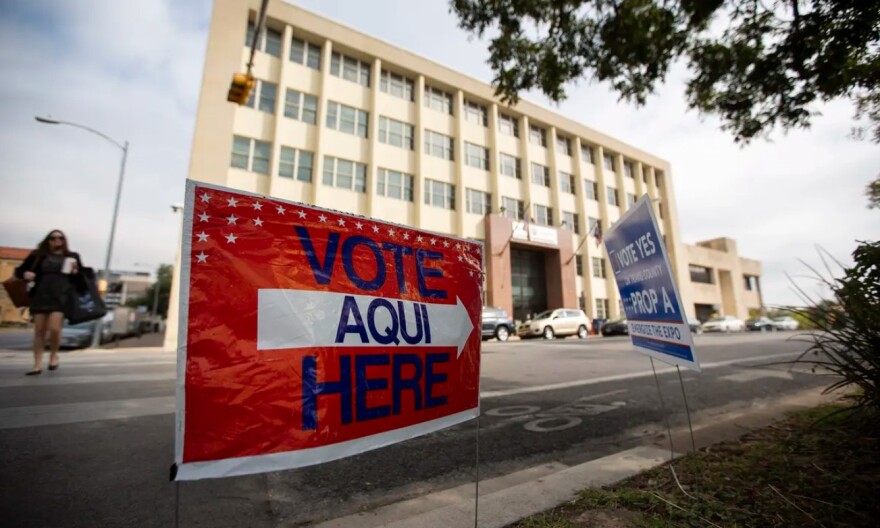 Voting signs near the Travis County Granger Building election site on Election Day, Nov. 5, 2019.