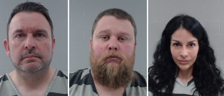 Three mugshots from the Johnson County jail. All three people are in grey and black striped suits. From left to right is Michael Ketcherside, Matthew Cantrell and Ashley Ketcherside