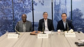 Panelists Kerry Haynie, Mac McCorkle, and Asher Hildebrand at Duke University's media briefing on the midterm elections.