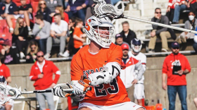 Tucker Dordevic launches a shot straightaway to net a career-high six goals in a single game against Stony Brook.