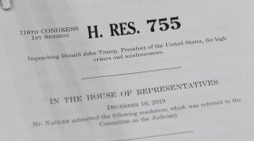 House Resolution 755, Articles of Impeachment Against President Donald Trump, sit on a desk at the House Judiciary Committee on Capitol Hill in Washington, on Dec. 12, 2019. (Saul Loeb/AFP via Getty Images)