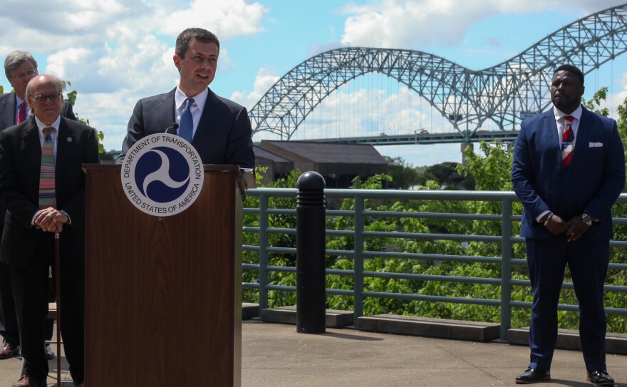 Transportation Secretary Pete Buttigieg delivers remarks in front of the cracked Hernando de Soto bridge on June June 3, 2021. 