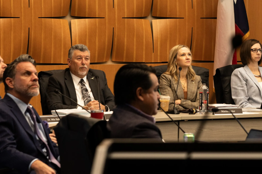 City Manager Jay Chapa and Mayor Mattie Parker watch a presentation at a Fort Worth City Council work session March 31, 2026.
