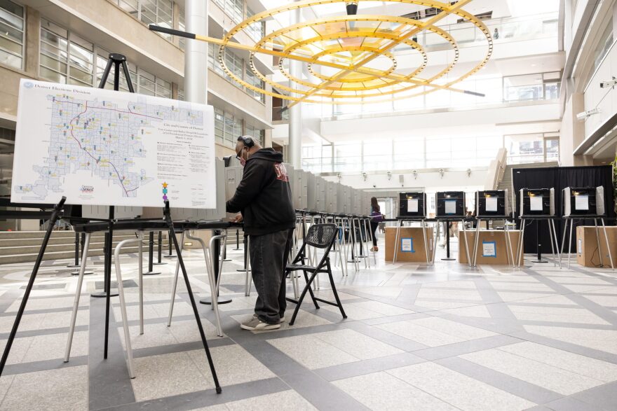 Darryl Walker fills out his ballot while voting on Super Tuesday in Denver, CO, March 5, 2024. Kevin Mohatt for Colorado Newsline