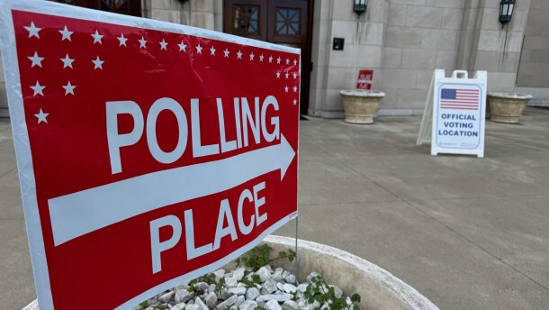 a red sign says "polling place"