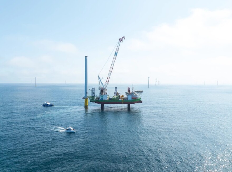 A specialized "jack up" barge at the Vineyard Wind offshore wind site is used to build a turbine.