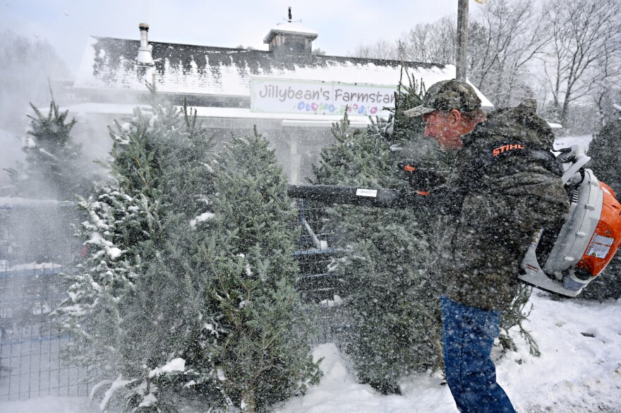 Kenny Bachand uses a leaf blower to clear fresh snow from Christmas Trees on display outside at Jillybean’s Farmstand in Farmington, CT on Monday, December 12, 2022. The first snowfall of the season dropped between 2 and 4 inches of snow across the state Sunday night into Monday morning.