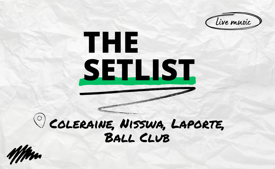 "The Setlist" and "Coleraine, Nisswa, Laporte, Ball Club" written over a crumpled paper background.