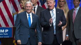 Republican presidential candidate Donald Trump, right, introduces Gov. Mike Pence, R-Ind., during a campaign event to announce Pence as the vice presidential running mate on, Saturday, July 16, 2016, in New York.