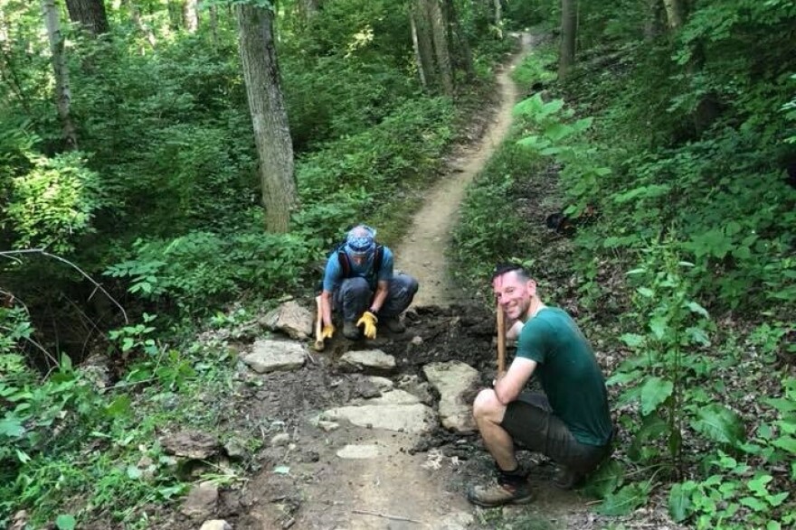 Cincinnati Off-Road Alliance volunteers do maintenence work on a mountain bike trail at Devou Park in Kentucky. CORA is constructing the Mt. Airy Bike Trail, in Cincinnati's Mt. Airy Forest.