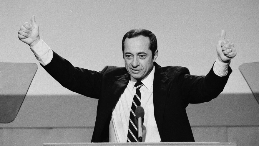 New York Gov. Mario Cuomo gives a thumbs-up gesture with both hands during his July 16, 1984, keynote address to the opening session of the Democratic National Convention in San Francisco.