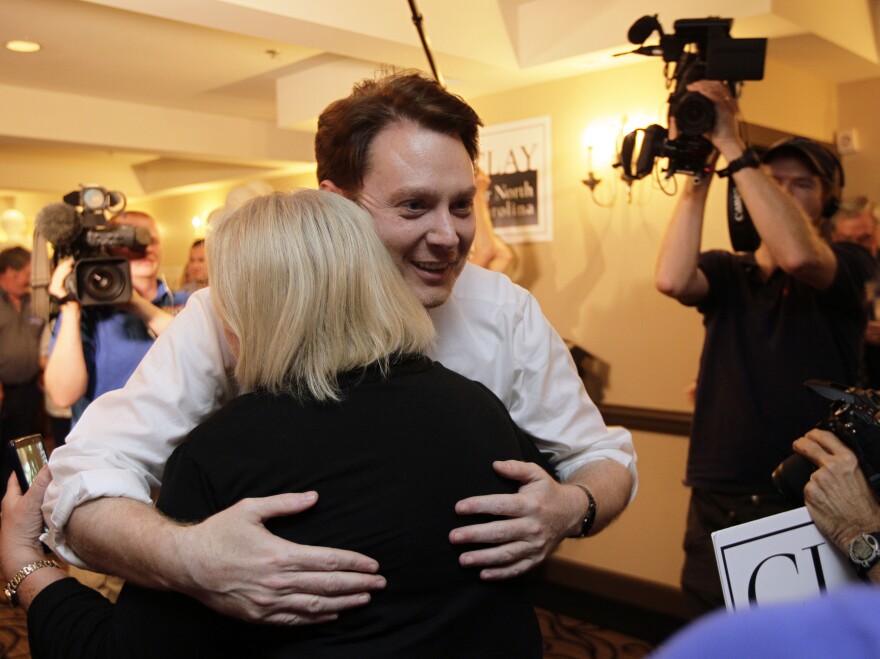 Clay Aiken hugs a supporter during an election night watch party May 6 in Holly Springs, N.C. Aiken went on to win the primary by fewer than 400 votes.