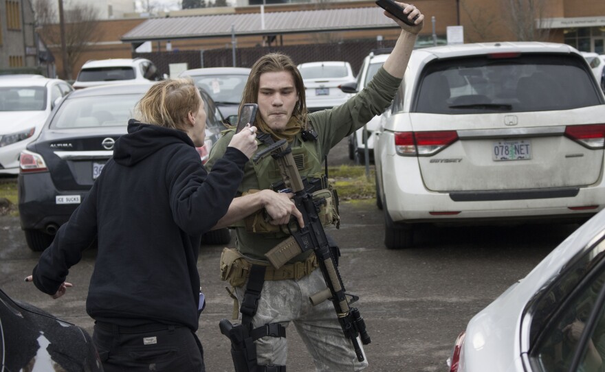 Counter-protester Tyler Alford near an anti-ICE protest in Springfield, Jan. 30, 2026.