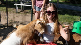 Jill Samyn finds a friend to share a drink with at Black Star Farms near Suttons Bay. (Photo: Mike Kent / Northern Michigan Journalism Collaborative)