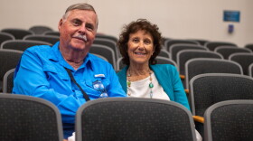 Linda and Scott Ebner sit in a UCF history class lecture hall during the first week of the fall semester.