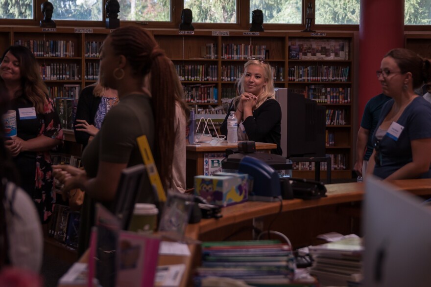 Agnes Wypych (center) listens during a tour of Ladue Middle School on her first day of orientation as a middle school language arts teacher on Aug. 2, 2017.