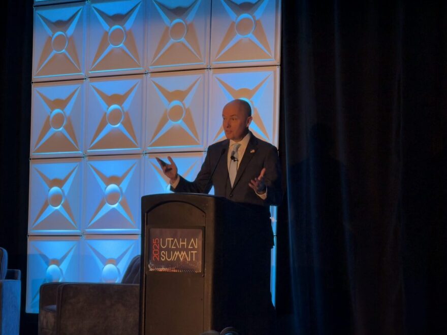 Utah Gov. Spencer Cox speaks during an artificial intelligence summit on Dec, 2, 2025.