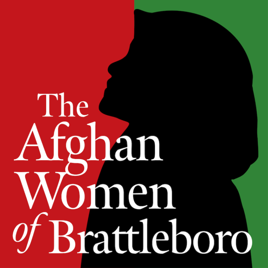 Graphic in colors of Afghan flag with silhouette of woman wearing hijab and text, "The Afghan Women of Brattleboro"