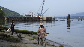 In this May 3, 2018 photo, a couple walk their dog near the Kinder Morgan Inc. Westridge oil tanker terminal in Burnaby, BC. The company's Trans Mountain expansion is projected to increase oil tanker traffic here by as much as sevenfold.