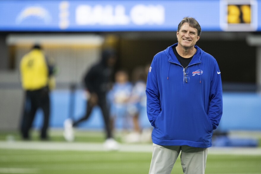 Buffalo Bills senior offensive assistant Mike Shula smiles before an NFL football game against the Los Angeles Chargers, Saturday, Dec. 23, 2023, in Inglewood, Calif. (AP Photo/Kyusung Gong)