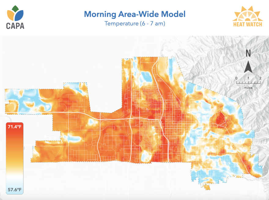 This map from the Salt Lake City Heat Watch report shows how local morning temperatures vary between places with lots of pavement and those with more trees and grass. The University of Utah campus stands out as a large, red heat island on the typically cooler east side of the city.