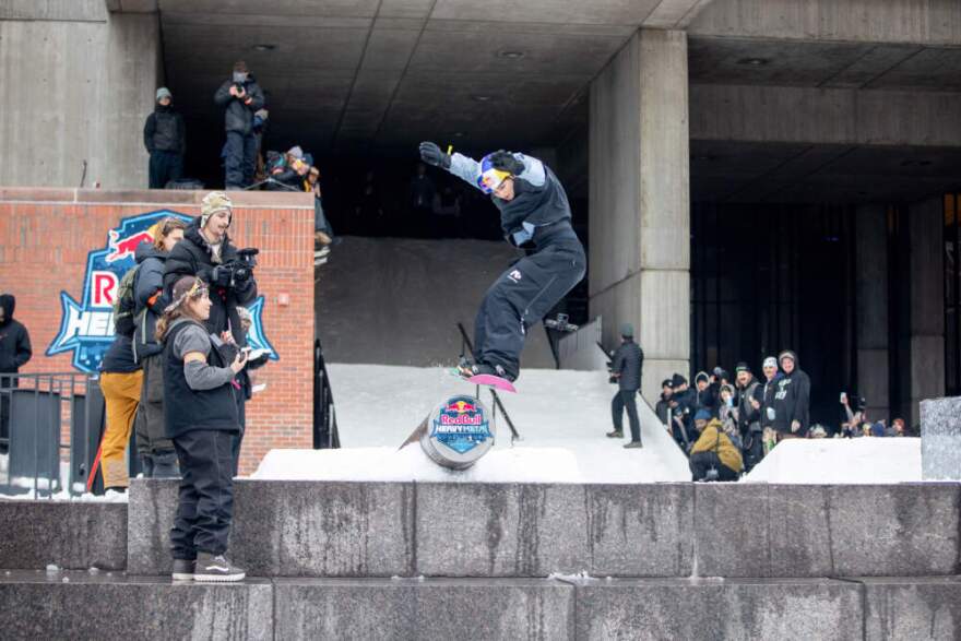 Snowboarder Telma Särkipaju takes a jump during the 2026 Red Bull Heavy Metal Finals. (Artemisia Luk/WBUR)