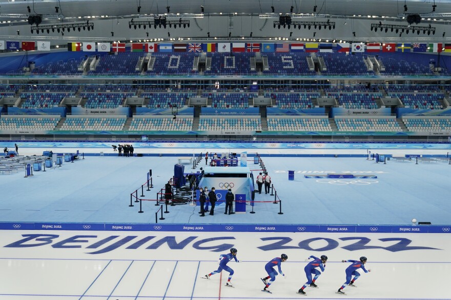 Members of the Russian Olympic Committee practice during a scheduled speedskating session at the 2022 Winter Olympics, Sunday, Jan. 30, 2022, in Beijing. (AP Photo/Brynn Anderson)