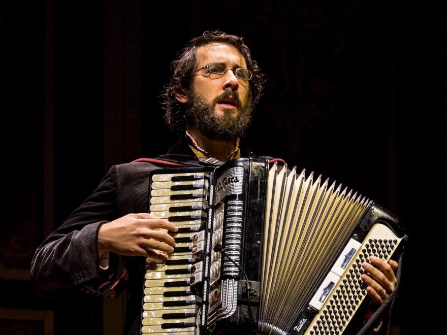 Groban's Pierre plays piano and accordion on stage, in addition to singing.